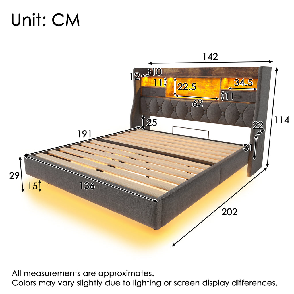 Upholstered Bed 4ft6 Floating Bed with LED Lighting, USB Type-C Charging, Storage Headboard for Cellphones and Tablets,  135 x 190 cm Double Bed, Linen, Grey (No Mattress)
