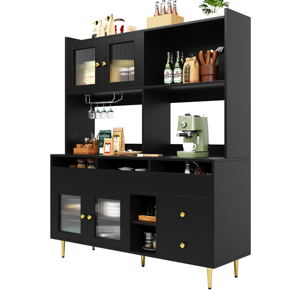 Multi-purpose Storage Cabinet(145 x 39 x 171 cm), Modern design, with Changhong glass door, Wine glass holder, Multi-layered storage space, Black with gold decoration, Suitable for home and restaurant