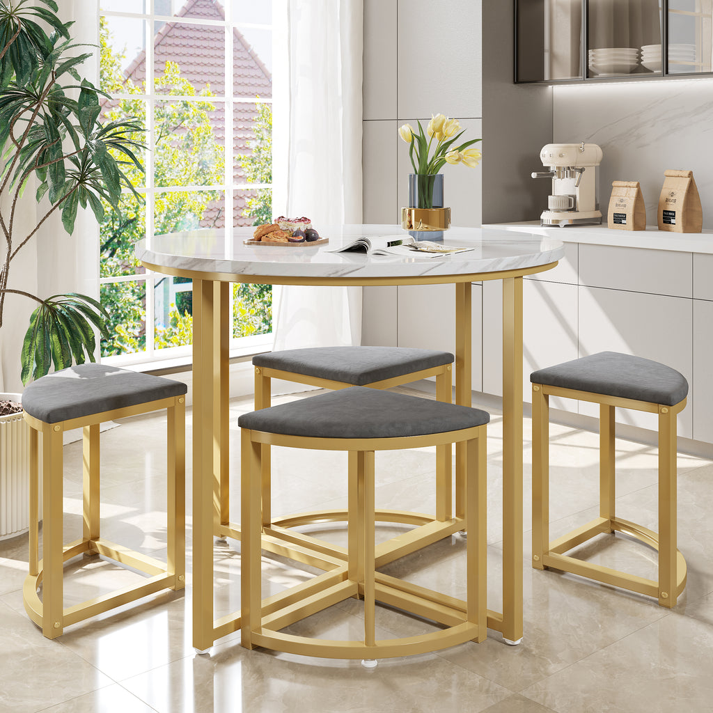 Modern metal frame round marble dining table and chair set (5 pieces) with 4 semi-circular stools, suitable for small apartments and restaurants