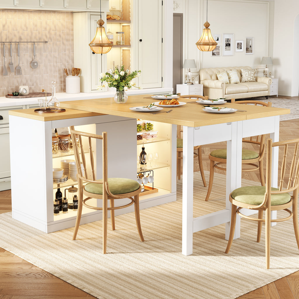 Extendable Sideboard with LED Lights, 120-197 cm Adjustable Dining Table with Storage, Kitchen cabinet with glass shelves & snack rack, White/Black