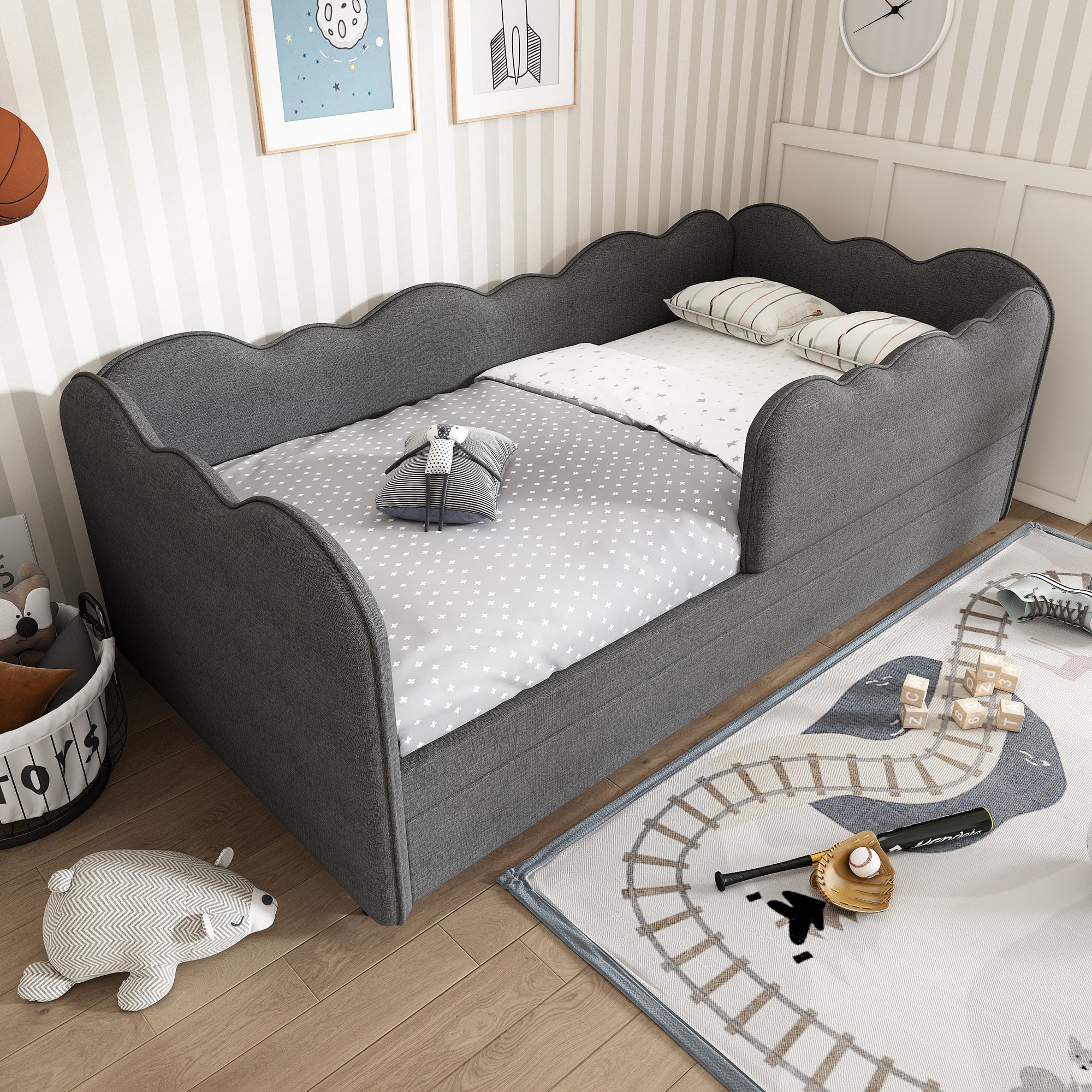 Upholstered Bed Daybed 90 x 190 cm, 3FT Single Bed with Pull out Trundle, Sofa Bed For Adults and Children, Single Daybed With Slatted Frame, Linen, Grey (No Mattress)