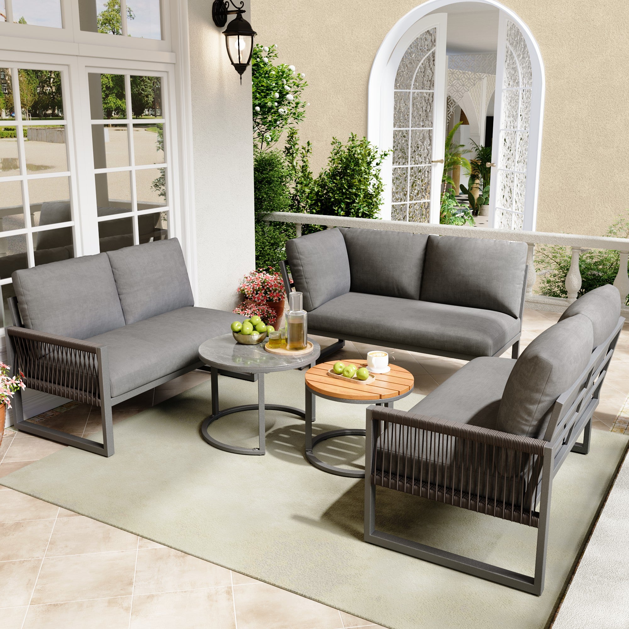 Outdoor garden lounge set, furniture set for 6-7 people, corner sofa with galvanized iron frame, adjustable legs, includes all seat and back cushions, grey