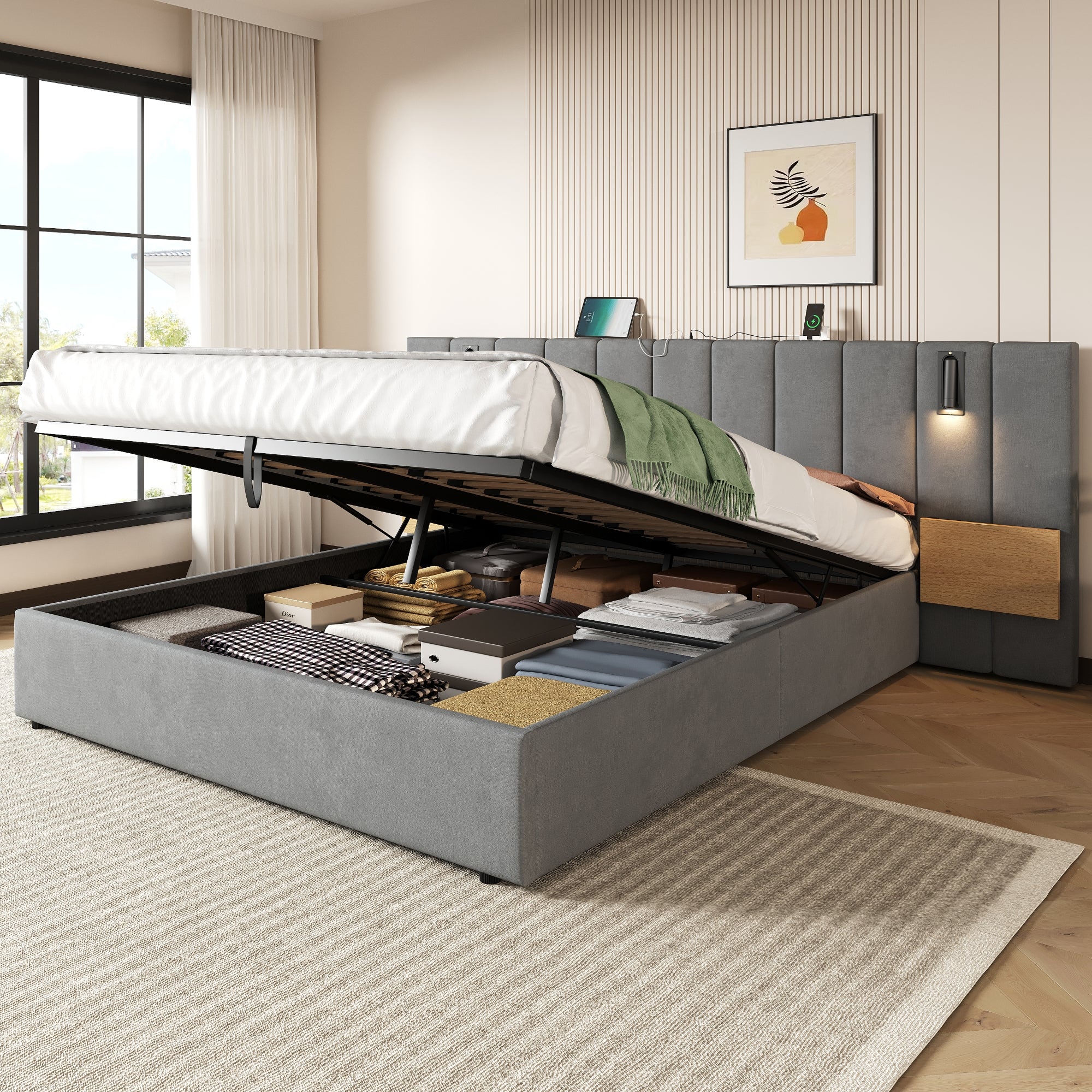 King Upholstered Bed with Charging Station, Velvet Hydraulic Storage Bed with Reading Light, 5ft King Bed Frame with Channel Tufted Headboard and Adjustable Bedside Shelf, Grey (No Mattress)
