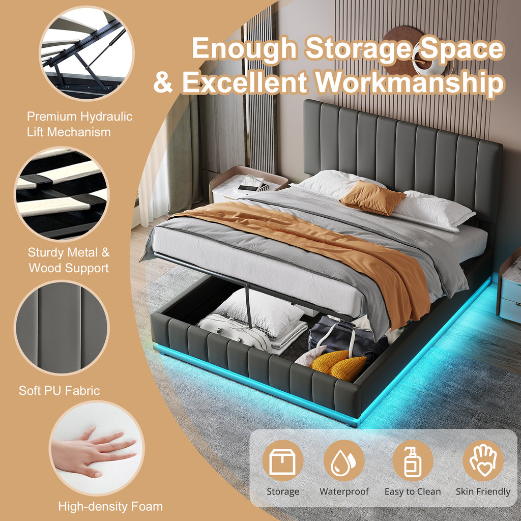 Ottoman Double Bed with LED Lighting, PU Leather Upholstered Bed with Hydraulic Storage, 4ft6 Double Bed Frame with Adjustable Channel Tufted Headboard, No Box Spring Needed, Grey (No Mattress)
