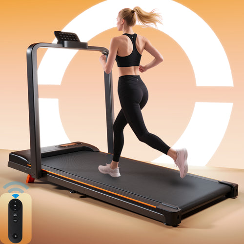 Folding Treadmill with Handrail & Adjustable Incline, 1-10 km/h Running Machine, Space Saving Low Noise Design, LED Display, Phone Holder, Remote Control, Transport Wheels & Plug, Black.