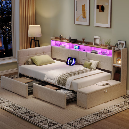 3ft Single LED Daybed with Storage Drawers and Bed End Ottoman Storage, Modern Linen Sofa Bed with Charging Station for Living Room/ Bedroom/ Study Room, 90X190cm, Beige (No Mattress)