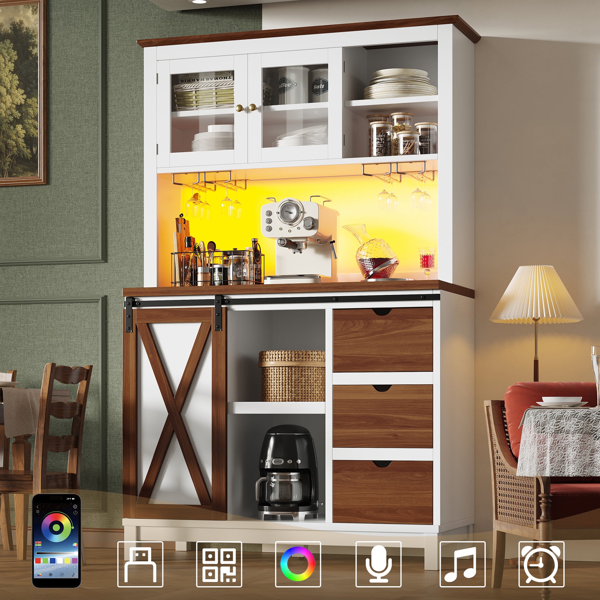 Modern tall cabinet with LED lighting & app control, kitchen cabinet or dining room cabinet with drawer, sideboard with sliding door and three drawers,White