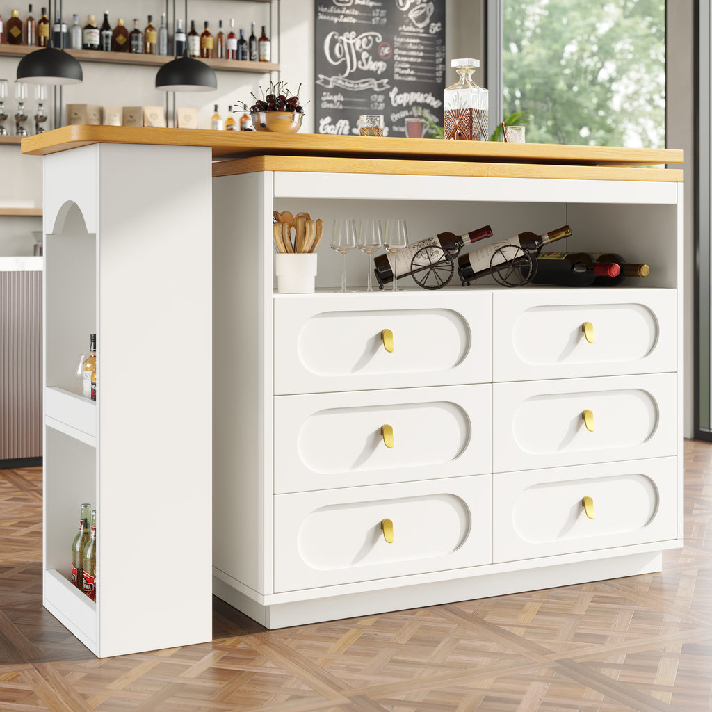 360° rotating bar table (main body 137 x 39 x 90 cm), coffee bar furniture, rotating dining bar with storage, kitchen island, with spice rack, six drawers, open storage space, white