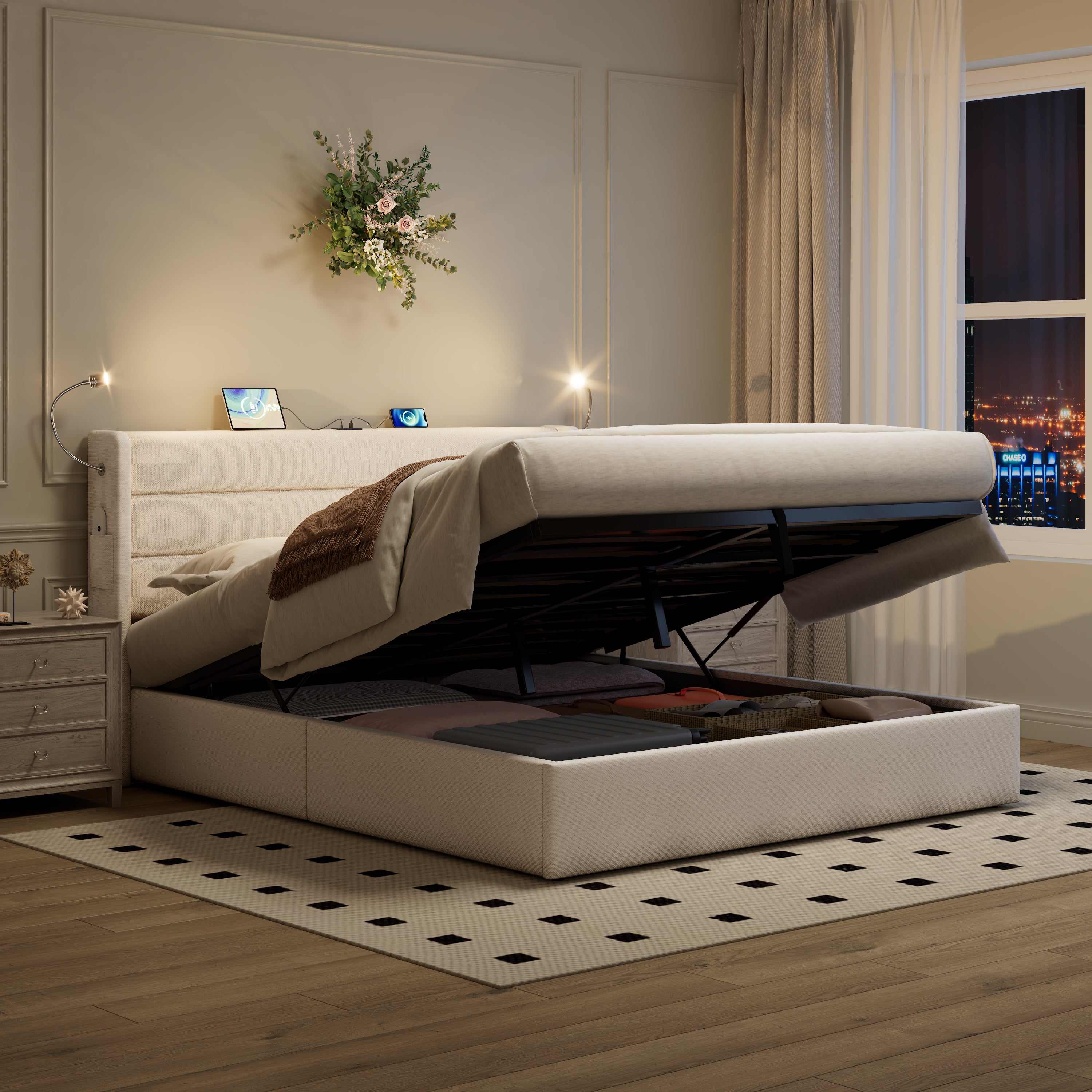 King Upholstered Bed with Charging Station, Linen Hydraulic Storage Bed with Adjustable LED Reading Light, 5ft King Bed Frame with USB and Type - C Ports, No Box Spring Needed, Beige (No Mattress)