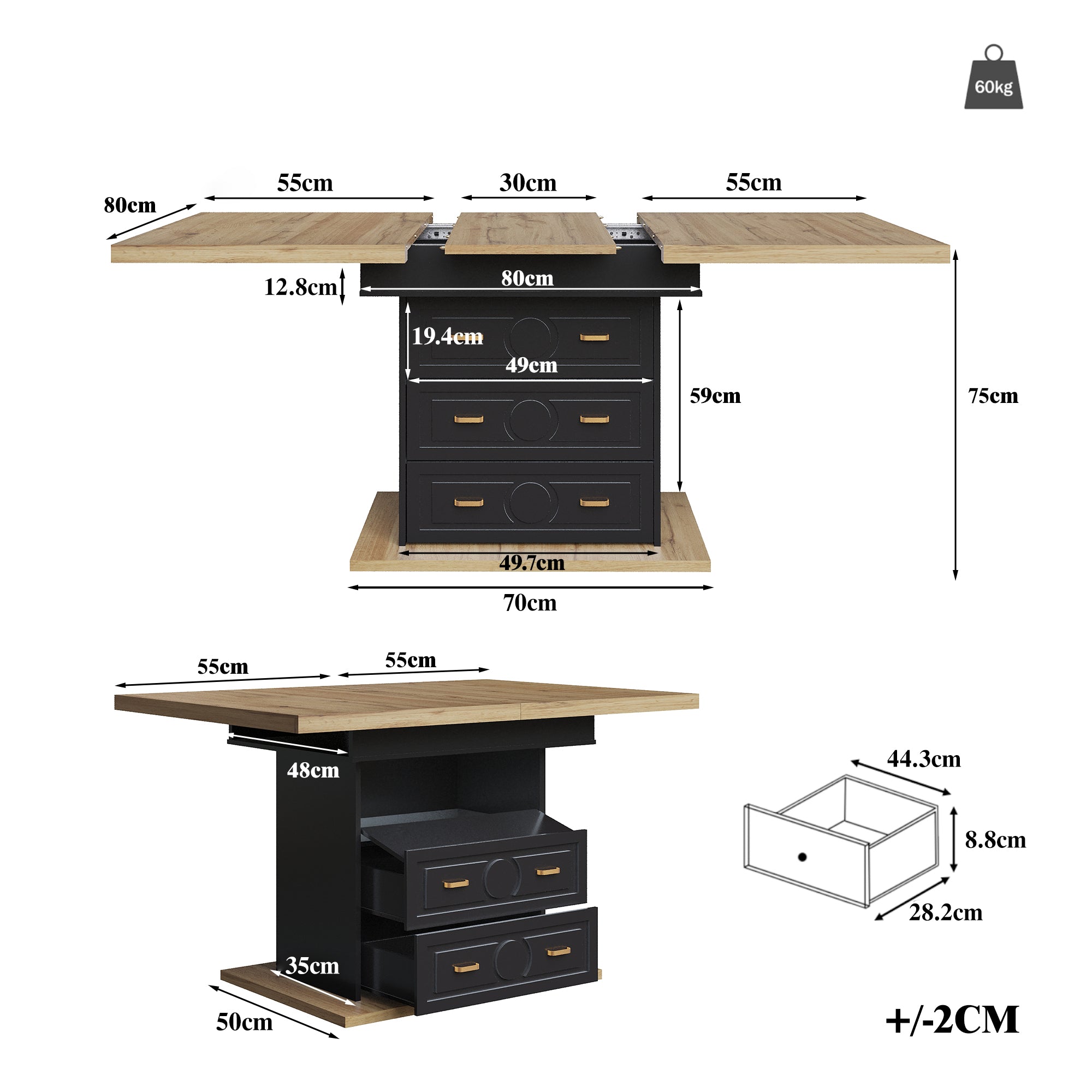 Extendable dining table - wooden table 110-140 x 80 x 75 cm - For kitchen, dining room, terrace - 6 person table with extendable top & wood grain