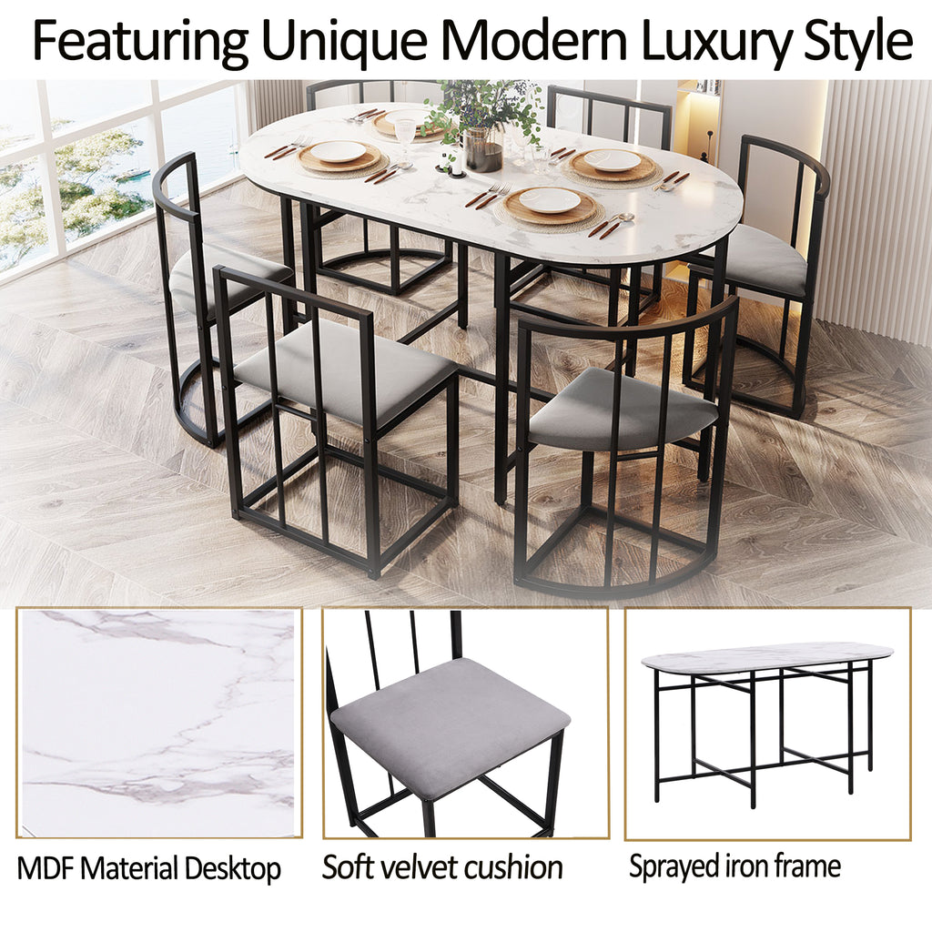 Six-chair dining table set: (White table, chairs with backrests and gray cushions, black iron frame), dining room table and chair set, modern dining table combination
