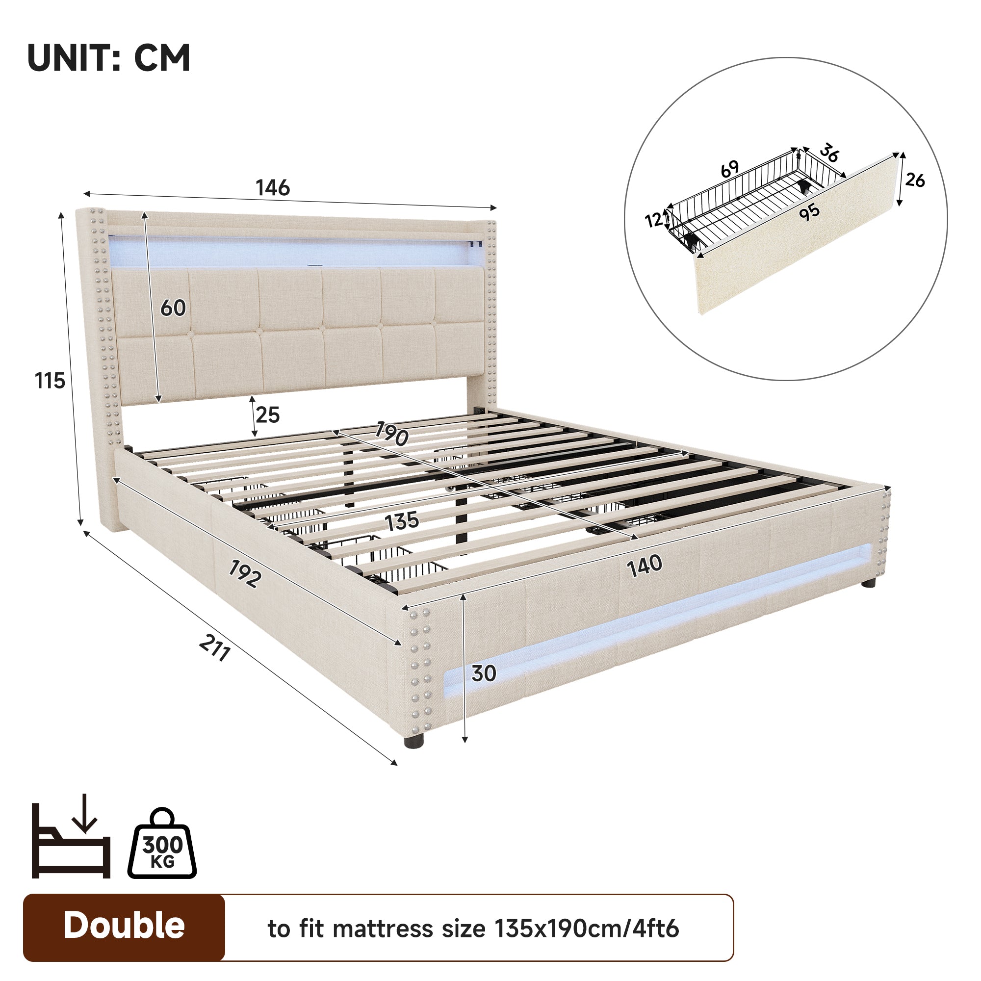4ft6 Double Upholstered Bed with 4 Storage Drawers, LED Rivet  Storage Bed with Charging Station, Button Tufted Headboard with USB and Type-C Ports, No Box Spring Needed, Linen, Beige (No Mattress)