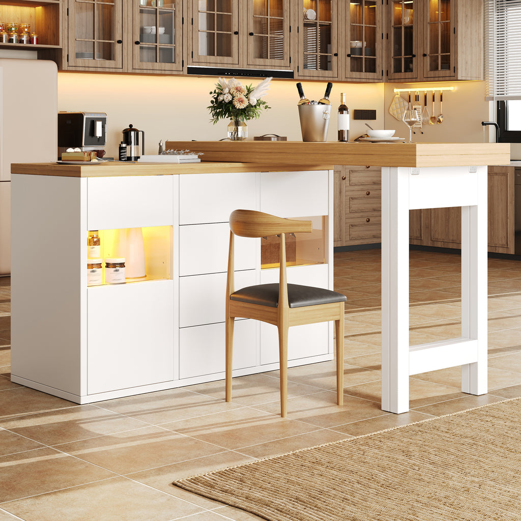 Extendable Sideboard & Dining Table Combo with LED Lights, Adjustable Dining Table with Storage, 4 Drawers & Glass Cabinet doors, White