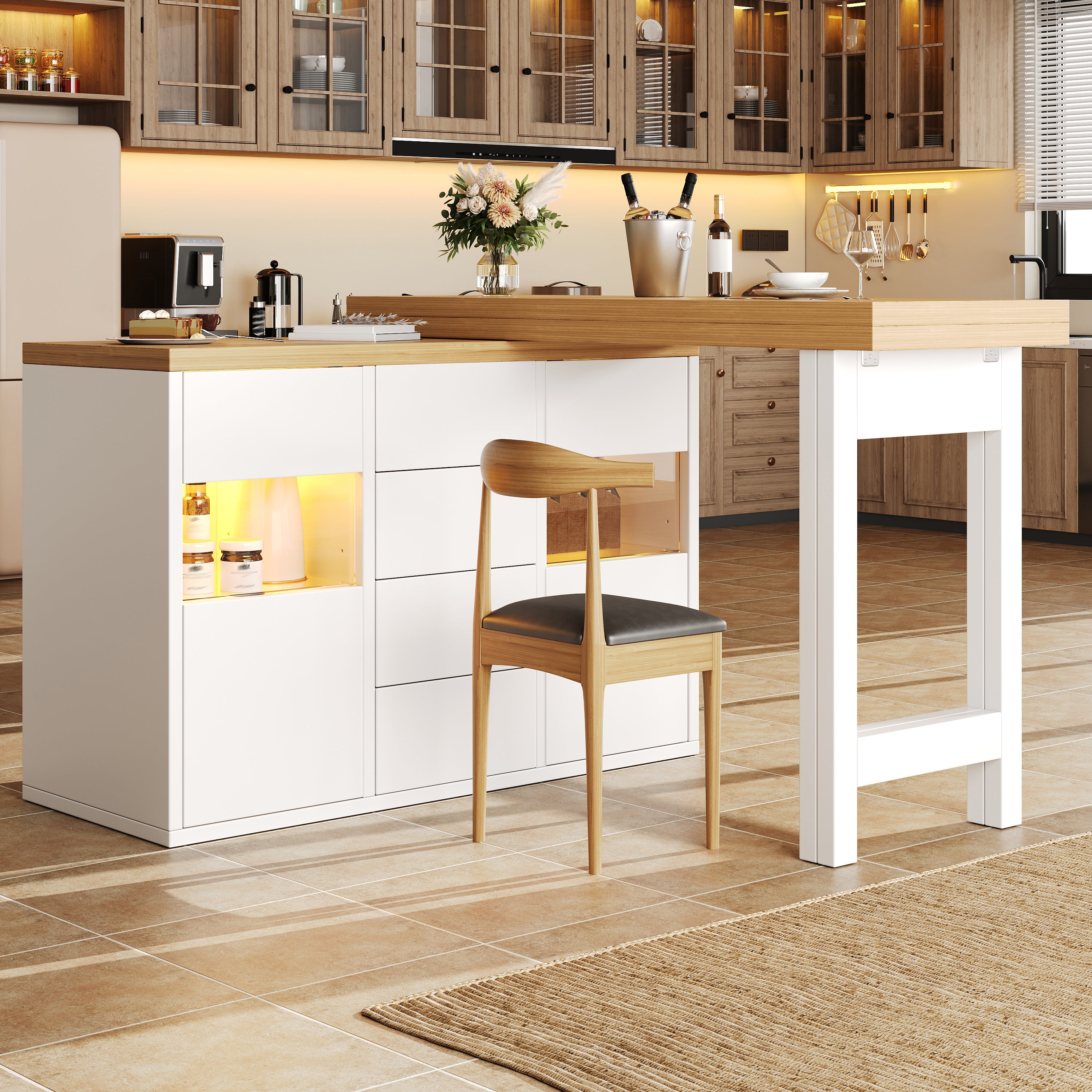 Extendable Sideboard & Dining Table Combo with LED Lights, Adjustable Dining Table with Storage, 4 Drawers & Glass Cabinet doors, White