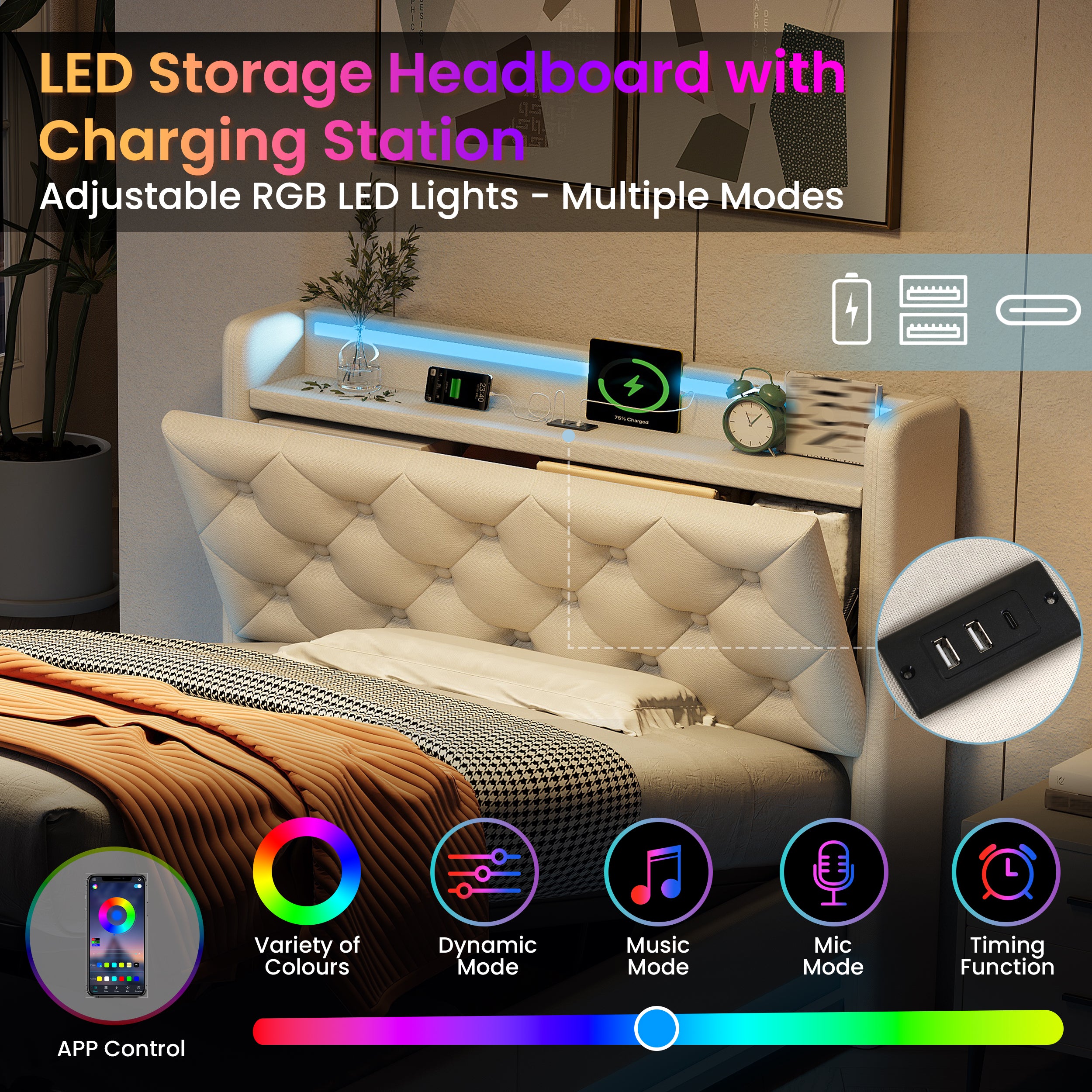 3ft Single Upholstered Bed Frame with Hydraulic Storage, LED Button Tufted Headboard with Charging Station and Concealed Headboard Storage, USB and Type-C Ports, Linen, Beige (No Mattress)
