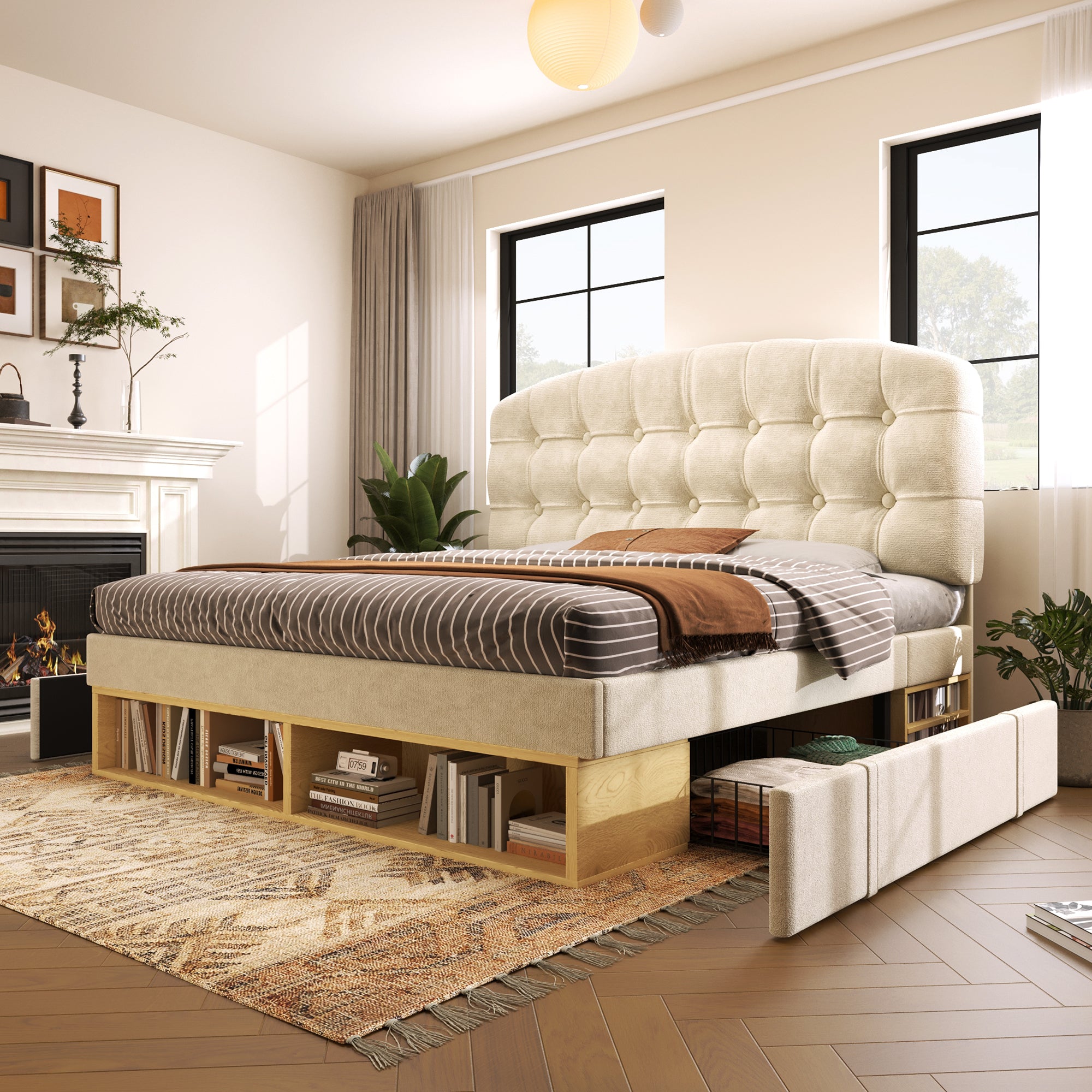 Upholstered King Bed with Storage Compartments and Drawers, 5ft King Bed with Adjustable Headboard, 150 x 200 cm, Velvet, Beige (No Mattress)
