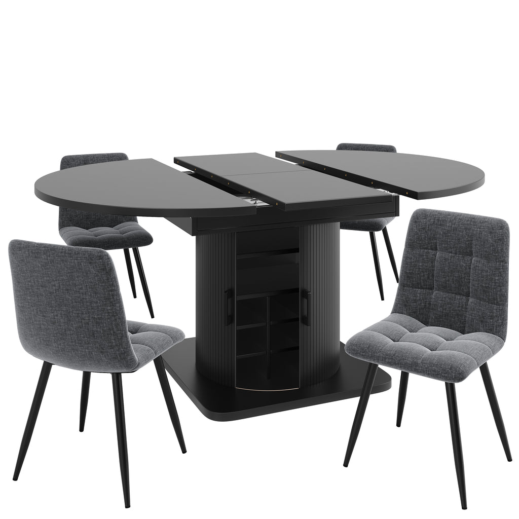 Extendable dining table with storage, multifunctional folding table with wine rack, space-saving kitchen table for small rooms and dining rooms, MDF tabletop, black