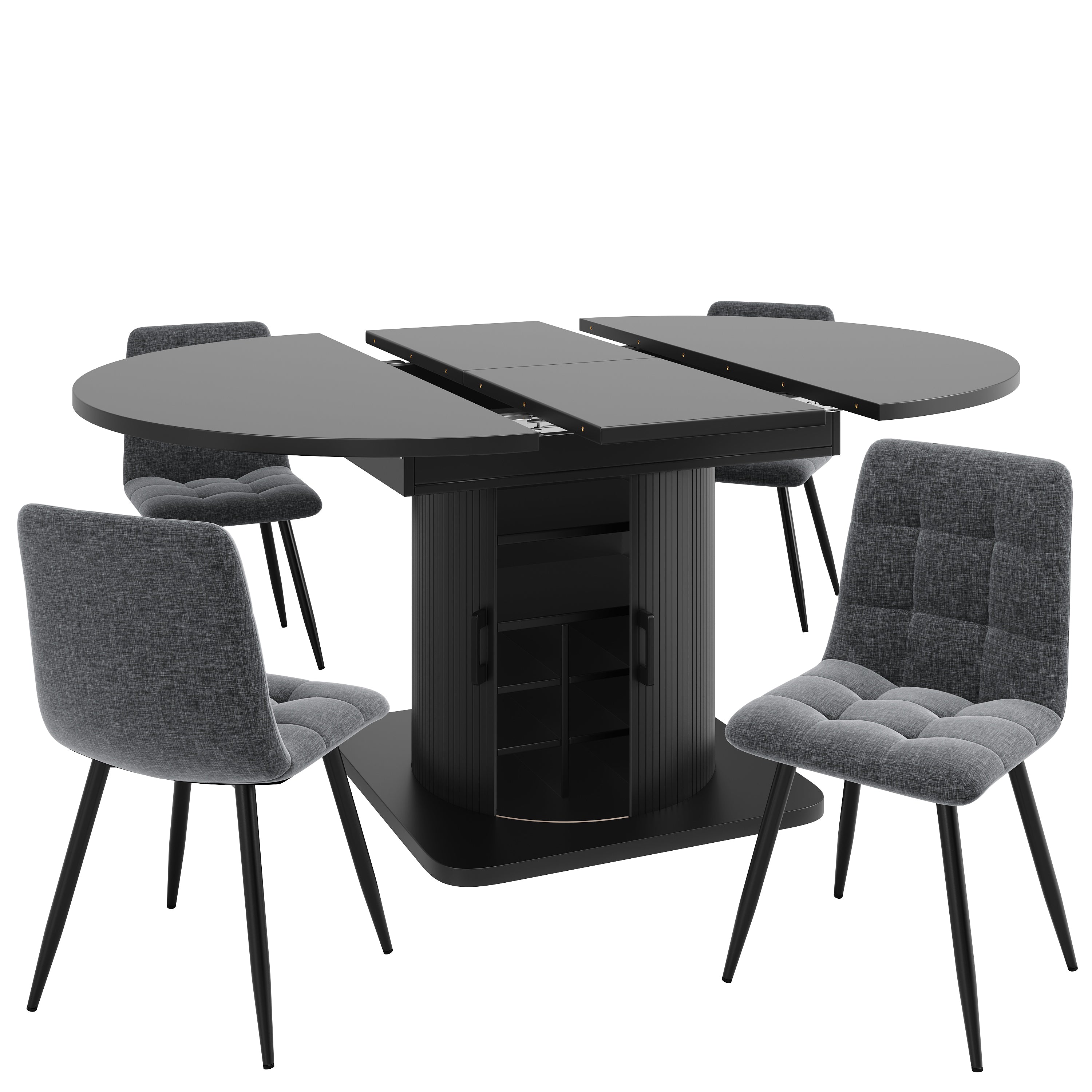 Extendable dining table with storage, multifunctional folding table with wine rack, space-saving kitchen table for small rooms and dining rooms, MDF tabletop, black