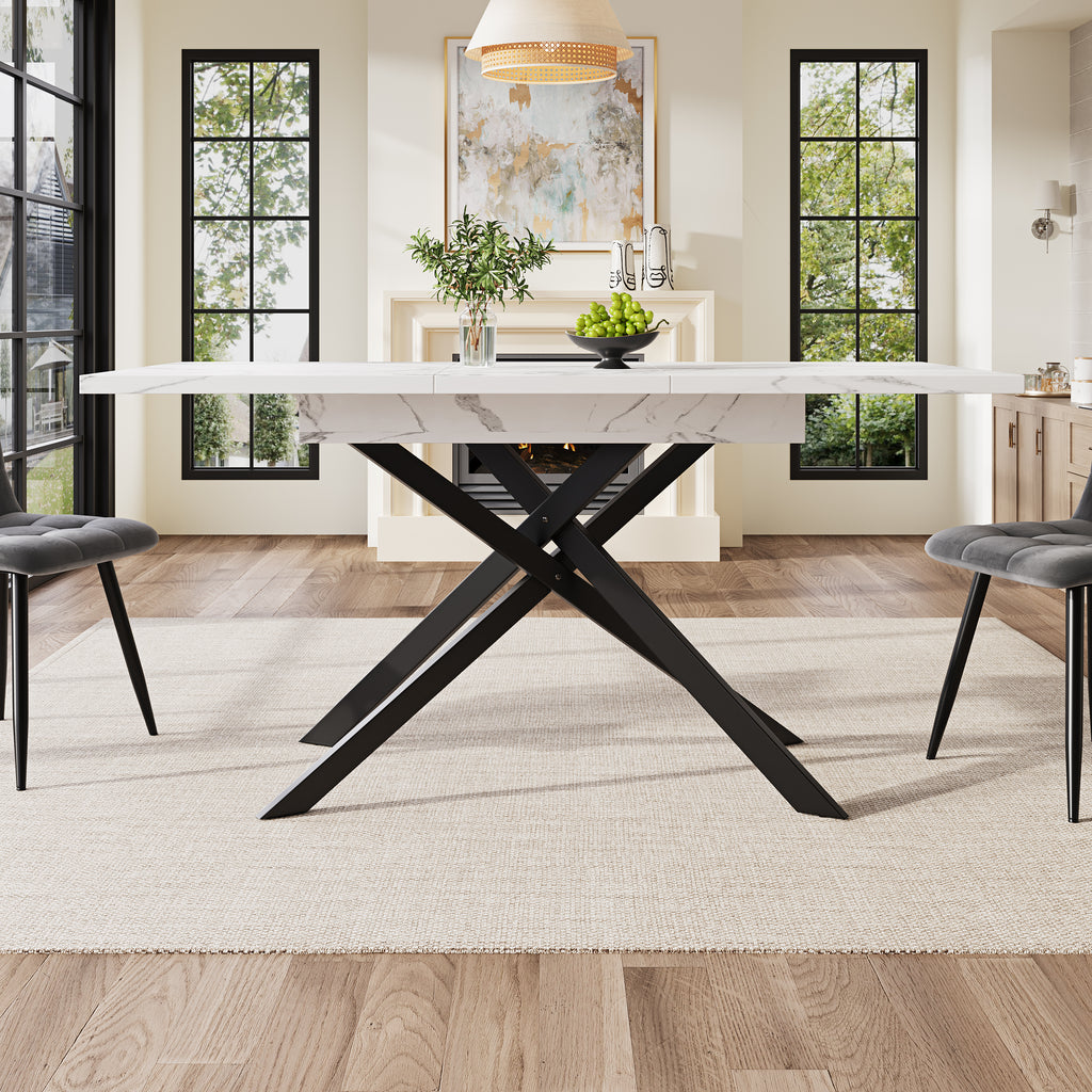 Dining table Telescopic table (120–160 cm), extendable dining table, space-saving kitchen table, black crossed iron legs, for kitchen and living room, white marbled dining table