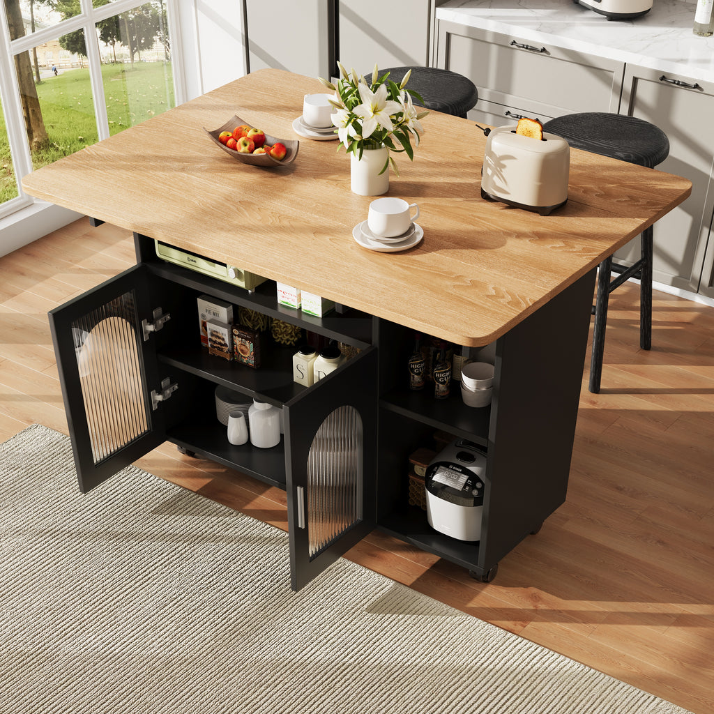 Kitchen island, kitchen cabinet, removable serving trolley, buffet cabinet, dining trolley with wood grain, buffet cabinet, multifunctional dining table with storage space, Black