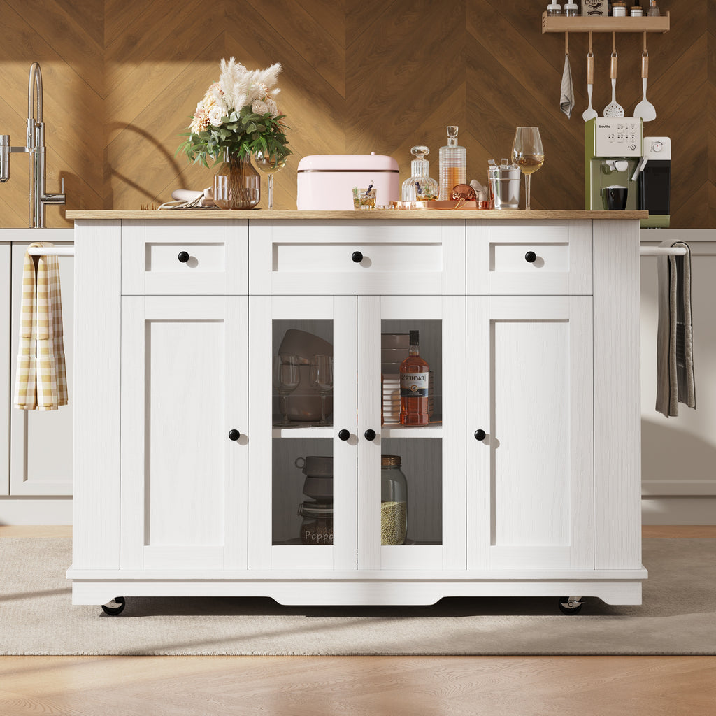 Kitchen island, (151.5x60x91.7cm)removable partitions, kitchen cabinet, dining trolley with worktop, sideboard, dining trolley with wood grain finish, sideboard, tempered glass cabinet, white/black