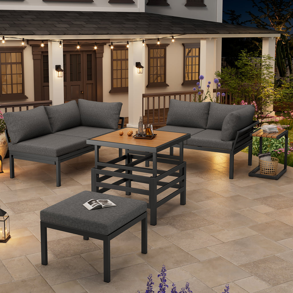 Outdoor Patio Furniture Set (2 Double Sofas + 1 Ottoman), 1 Plastic Lift-Top Coffee Table, Galvanized Iron Frame, with Seat Cushions & Pillows, Includes Small Side Table with Extendable Tabletop