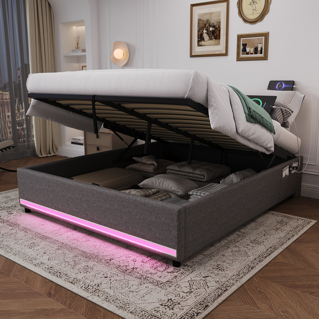 4ft6 Double Hydraulic Storage Bed, No Headboard Linen Bed Frame with APP Control LED Lights, Side Charging Station, Side Pockets, Grey (No Mattress)