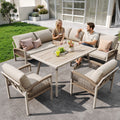 Garden Lounge Set, Furniture Set for 8 People, Ropework, Large Table with Wood Grain Finish, Galvanized Iron Frame, Adjustable Legs, All Seat and Back Cushions Included, Beige
