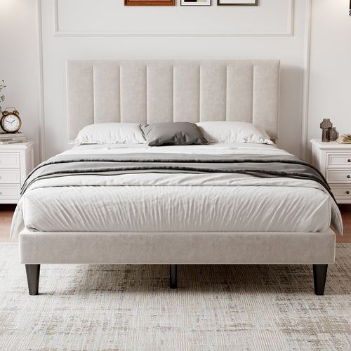 4ft6 Double Upholstered Velvet Bed Frame, with Adjustable Channel Tufted Headboard, Velvet Platform Bed Frame with Solid Wood Slat and Mute Foam, No Box Spring Needed, Easy Assembly, Beige