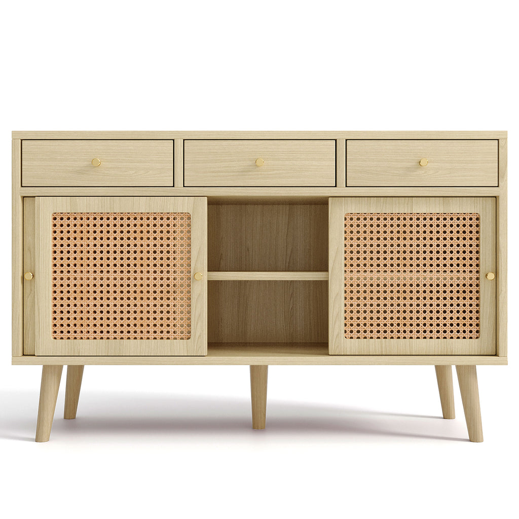 Modern retro rattan door sideboard 120*40*78cm, three drawer storage cabinet, wooden frame, stylish leg design, suitable for living room, dining room and entrance