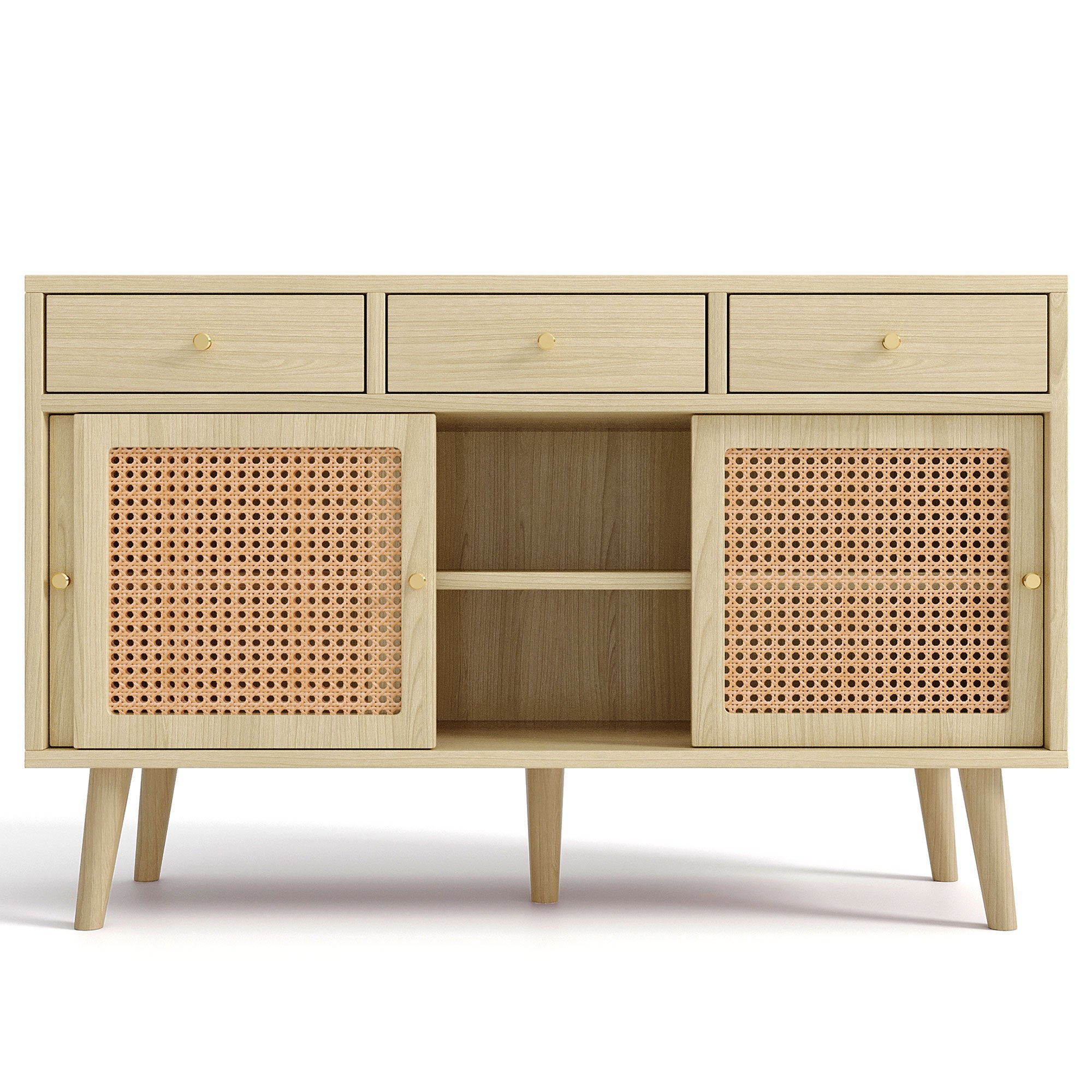 Modern retro rattan door sideboard 120*40*78cm, three drawer storage cabinet, wooden frame, stylish leg design, suitable for living room, dining room and entrance