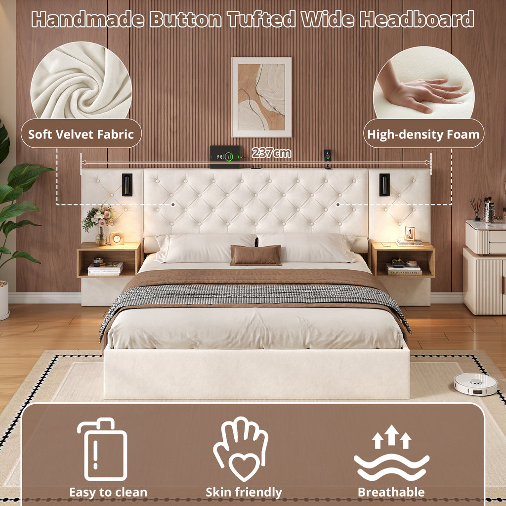 King Upholstered Bed with Charging Station, Velvet Hydraulic Storage Bed with Reading Light, 5ft King Bed Frame with Handmade Button Tufted Wide Headboard and Bedside Storage, Beige (No Mattress)
