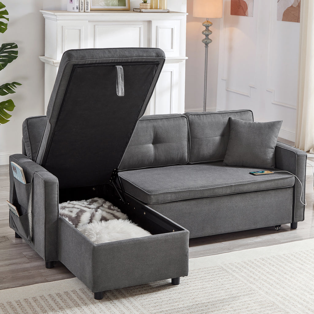 L-Shaped Pull Out Sleep Sofabed, Modern Reversible Sleeper Sectional Sofa, 3 in 1 Convertible Sofa Bed with Storage Chaise, Drop-Down Table, Cup Holders and Charging Ports (USB & Type-C), Grey