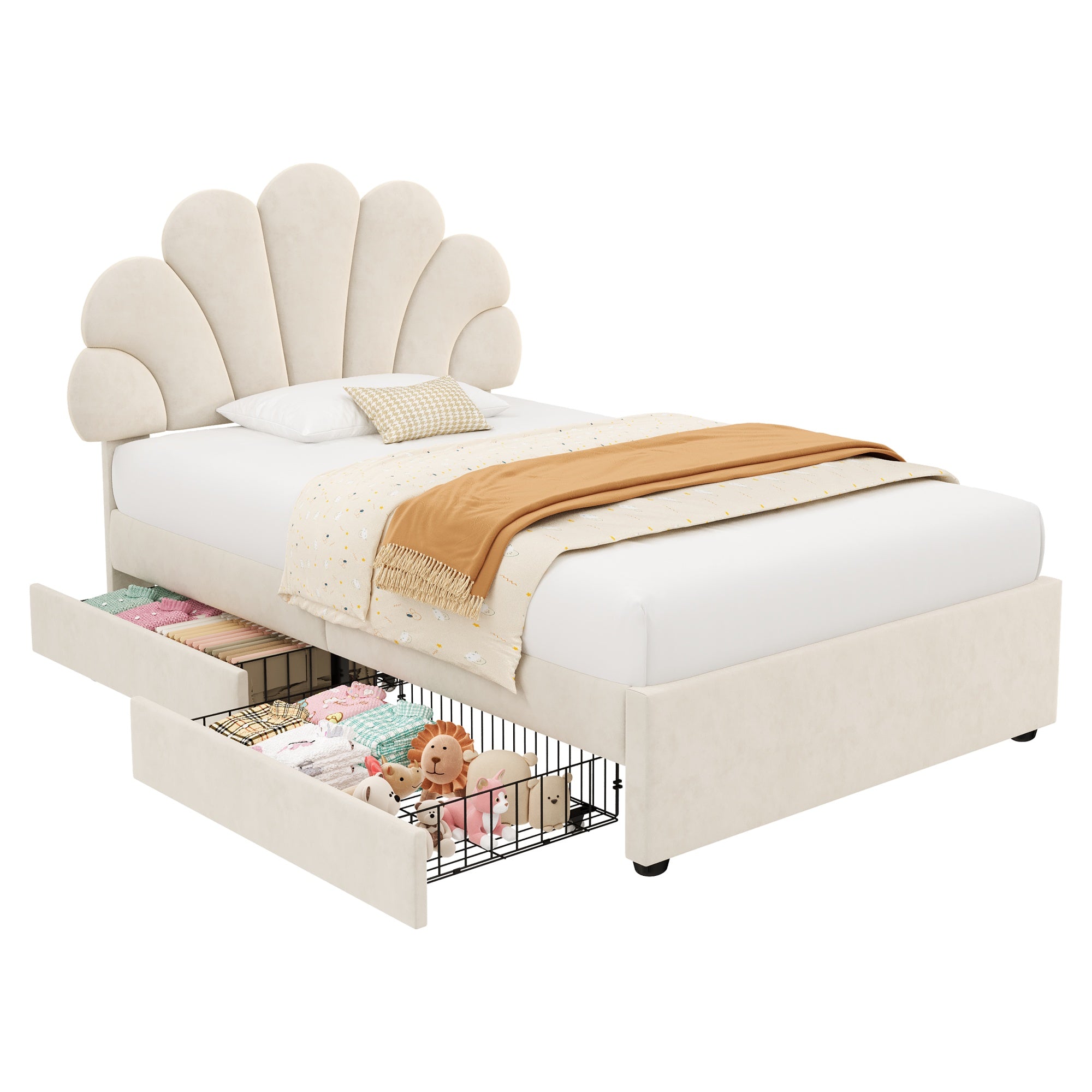 3ft Single Upholstered Bed with Adjustable Chic Petal Headboard, Soft Velvet Bed Frame with 2 Storage Drawers, Petal Bed with Solid Wood Slat, No Box Spring Needed, Easy Assembly, Beige (No Mattress)