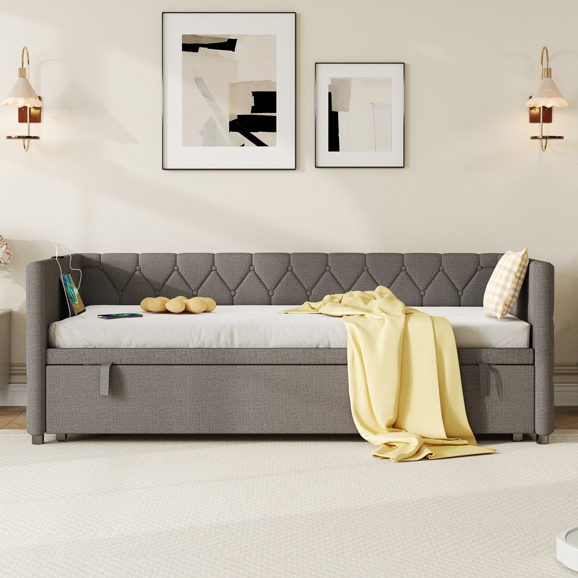 Upholstered Daybed, Sofa Bed with Charging Station, 3ft Single Button-tufted Bed with USB and Type - C Ports, Pull out Trundle Bed for Living Room/ Bedroom/ Study Room, Linen, Grey (No Mattress)