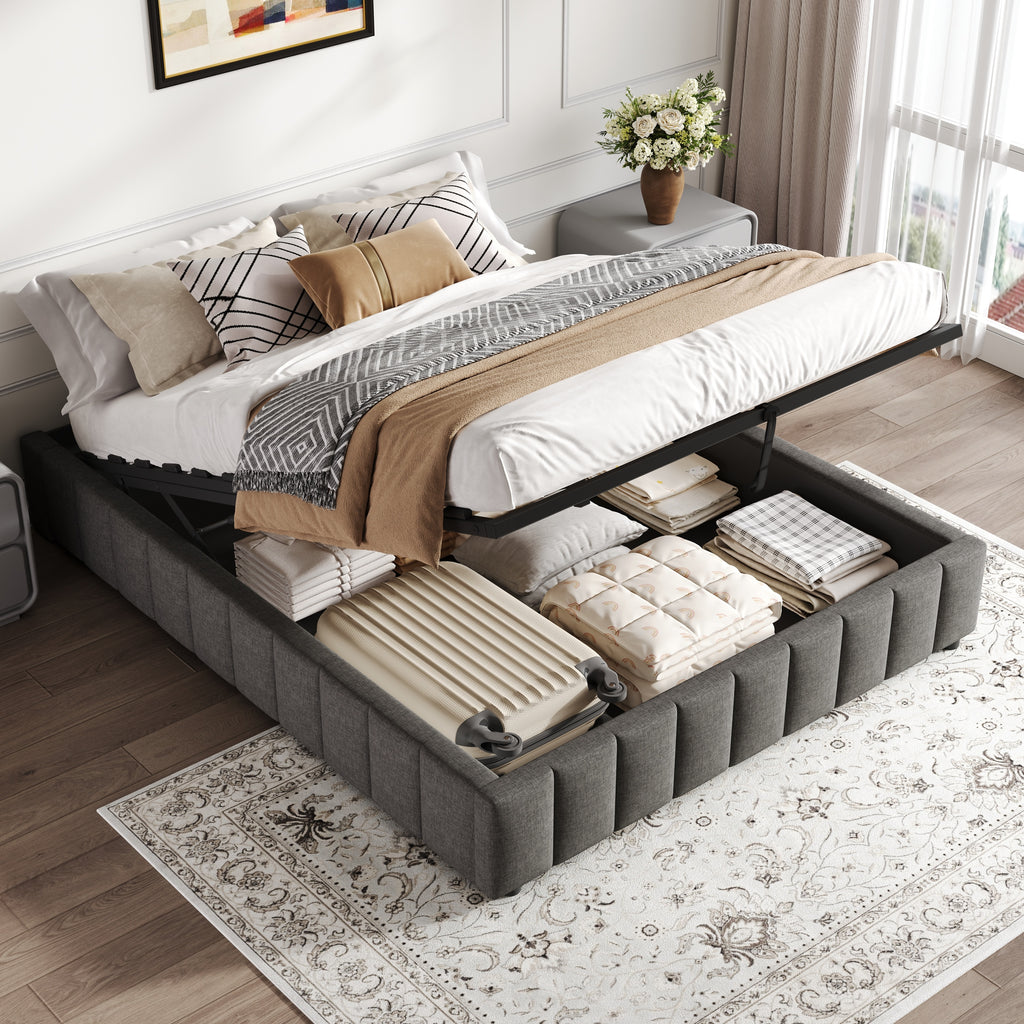 4ft6 Double Upholstered Storage Bed Frame, No Headboard  Linen Bed Frame with Hydraulic Storage, Channel Tufted  Ottoman Bed, Metal-Wood Support, No Box Spring Needed, Easy Assembly,Grey (No Mattress)