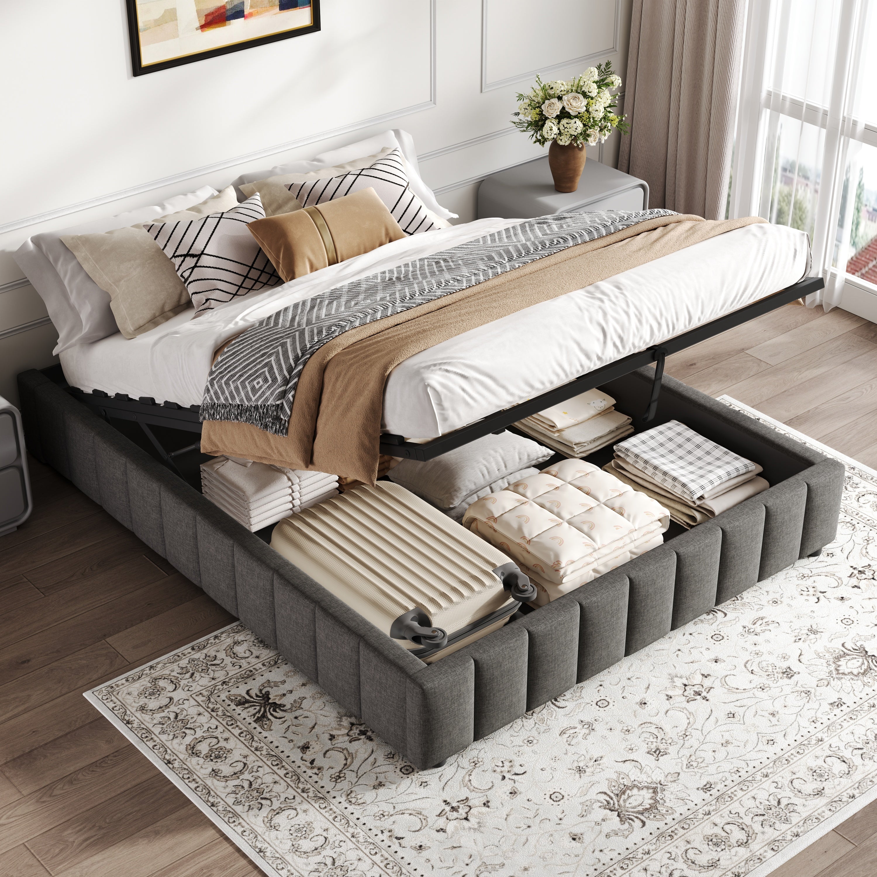 4ft6 Double Upholstered Storage Bed Frame, No Headboard  Linen Bed Frame with Hydraulic Storage, Channel Tufted  Ottoman Bed, Metal-Wood Support, No Box Spring Needed, Easy Assembly,Grey (No Mattress)