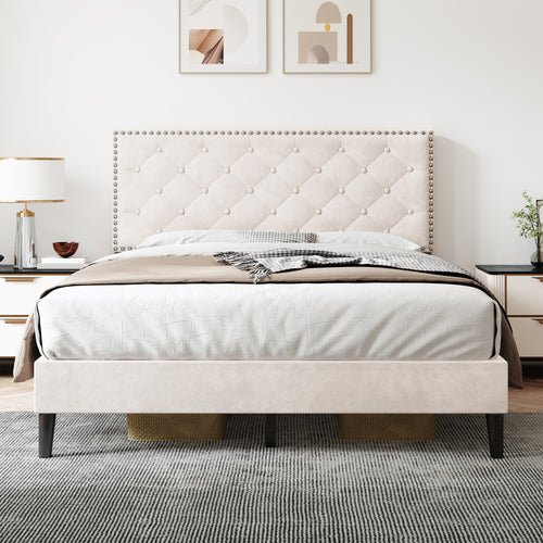 4ft6 Double Upholstered Velvet Bed Frame, with Adjustable Button-Tufted & Riveted Headboard, Velvet Platform Bed Frame with Solid Wood Slat and Mute Foam, No Box Spring Needed, Easy Assembly, Beige
