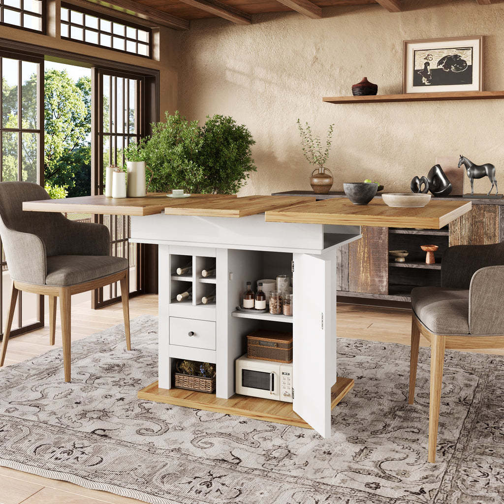 Telescopic dining table (110-140×80cm), foldable kitchen table for 4-6 people, extendable dining table, space-saving kitchen table, for kitchen and living room, dining table with wine rack and drawers