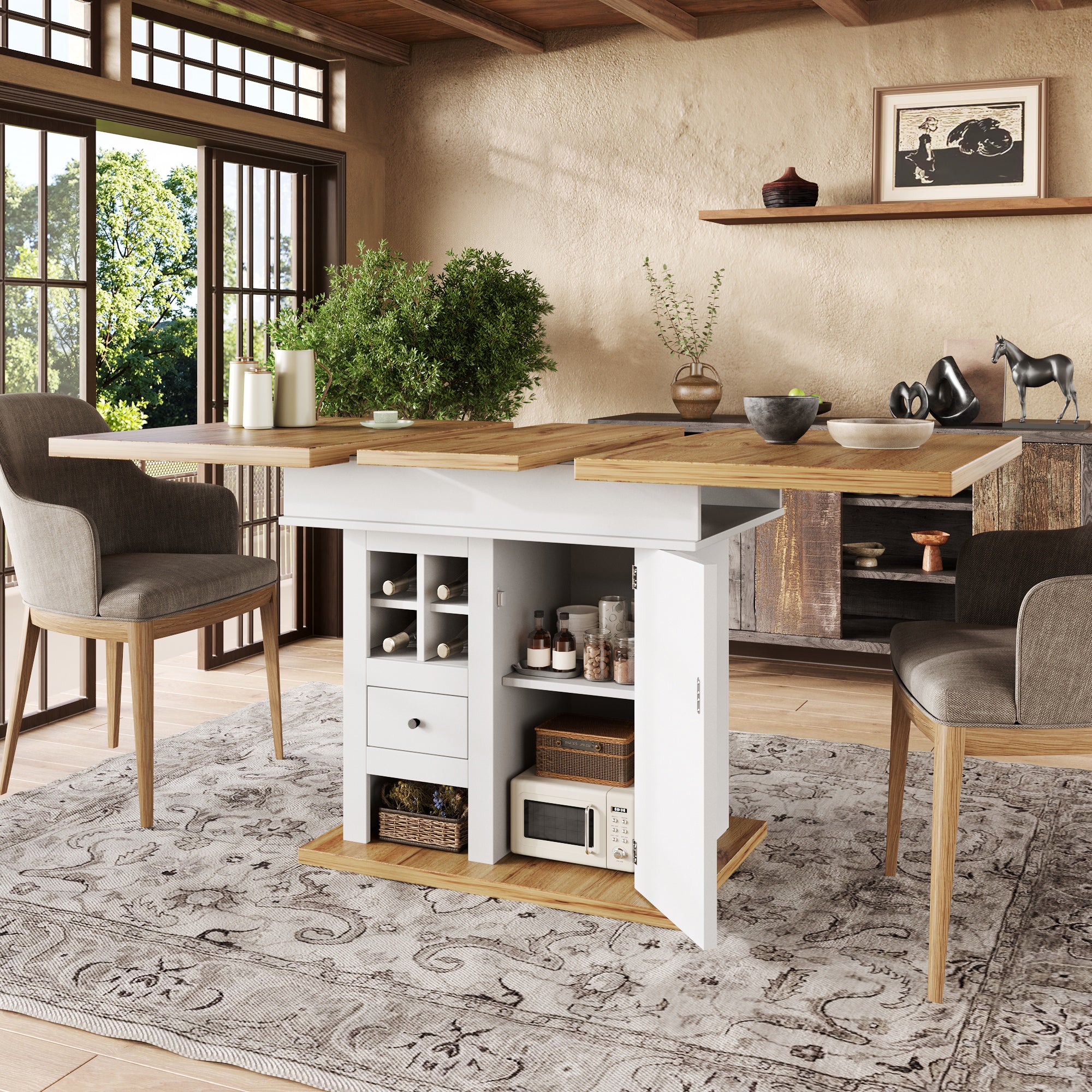 Telescopic dining table (110-140×80cm), foldable kitchen table for 4-6 people, extendable dining table, space-saving kitchen table, for kitchen and living room, dining table with wine rack and drawers