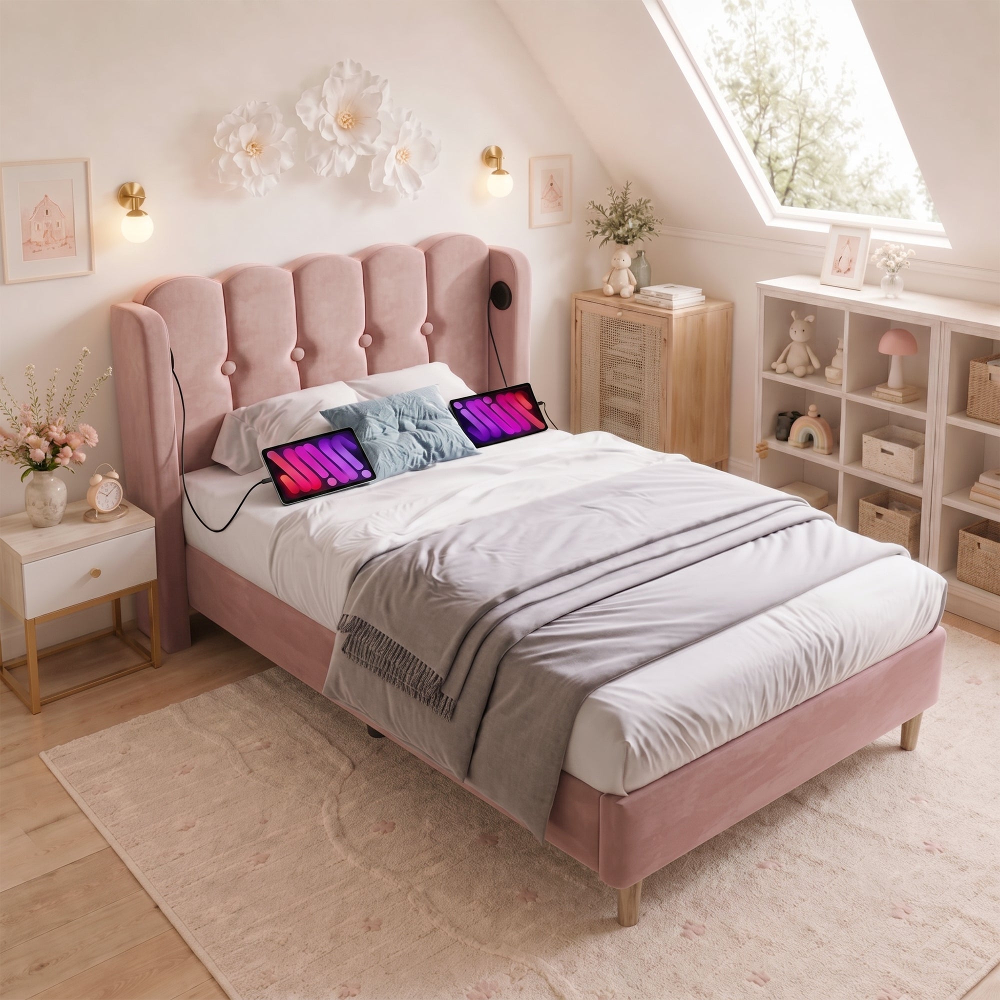 Upholstered Single Bed with USB and Type-C Charging, 3FT Bed Frame with Wooden Slatted Frame, Teenager Bed for Bedroom & Guest Room, 90 x 190 cm, Pink, Velvet (No Mattress).