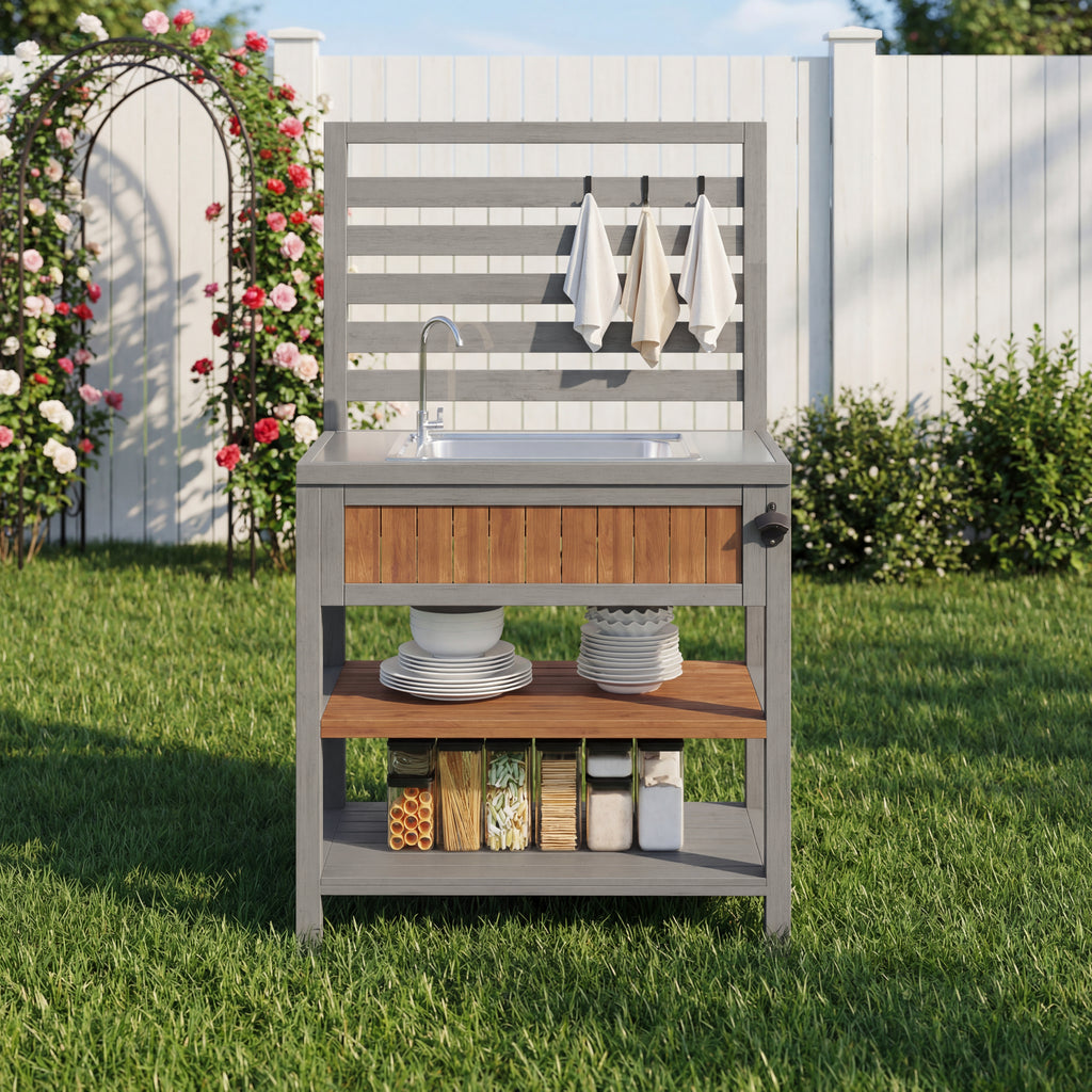 Garden cabinet with water basin & tap and integrated bottle opener – weatherproof tool cabinet with large work surface & drawer, grill station with adjustable shelves, outdoor kitchen cabinet
