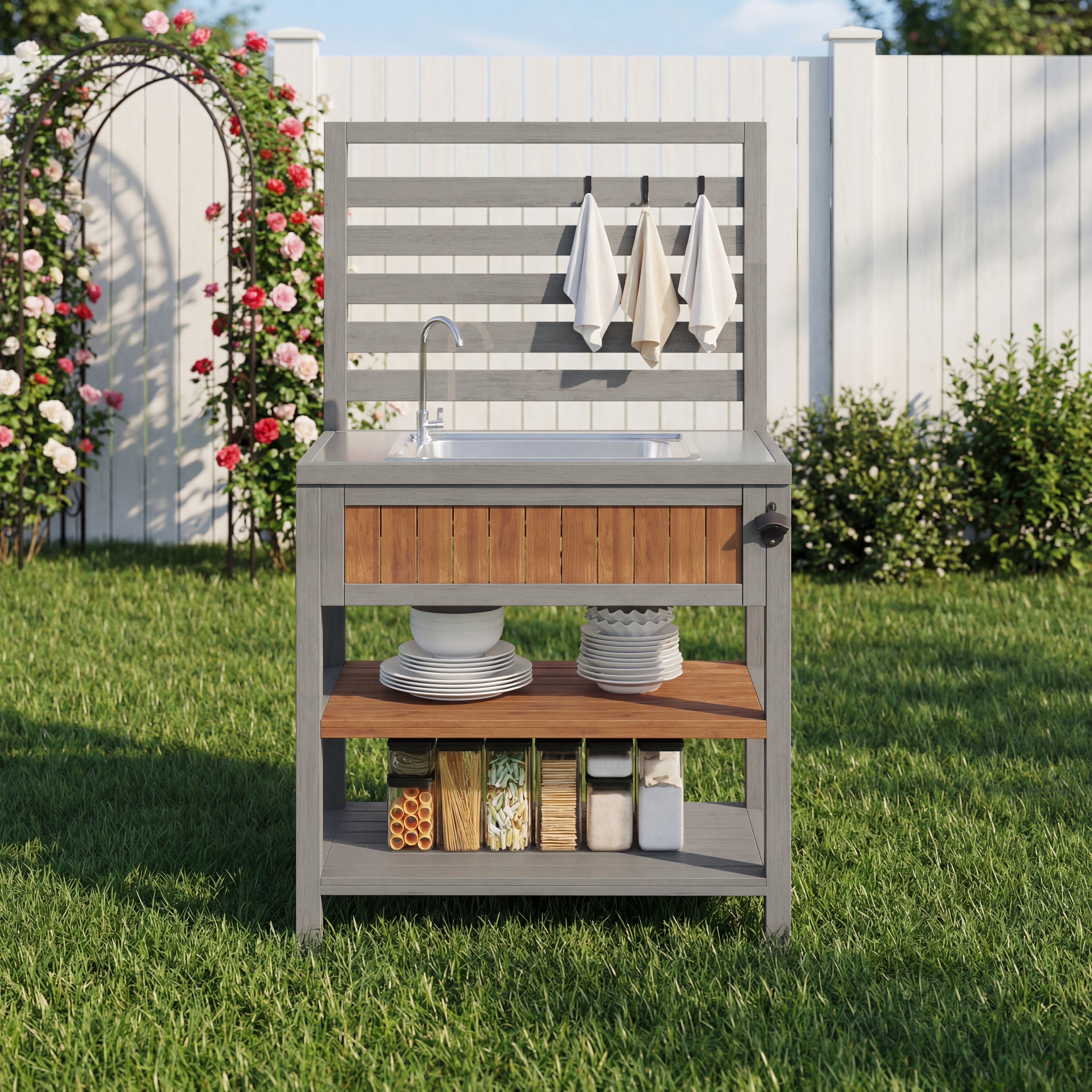 Garden cabinet with water basin & tap and integrated bottle opener – weatherproof tool cabinet with large work surface & drawer, grill station with adjustable shelves, outdoor kitchen cabinet