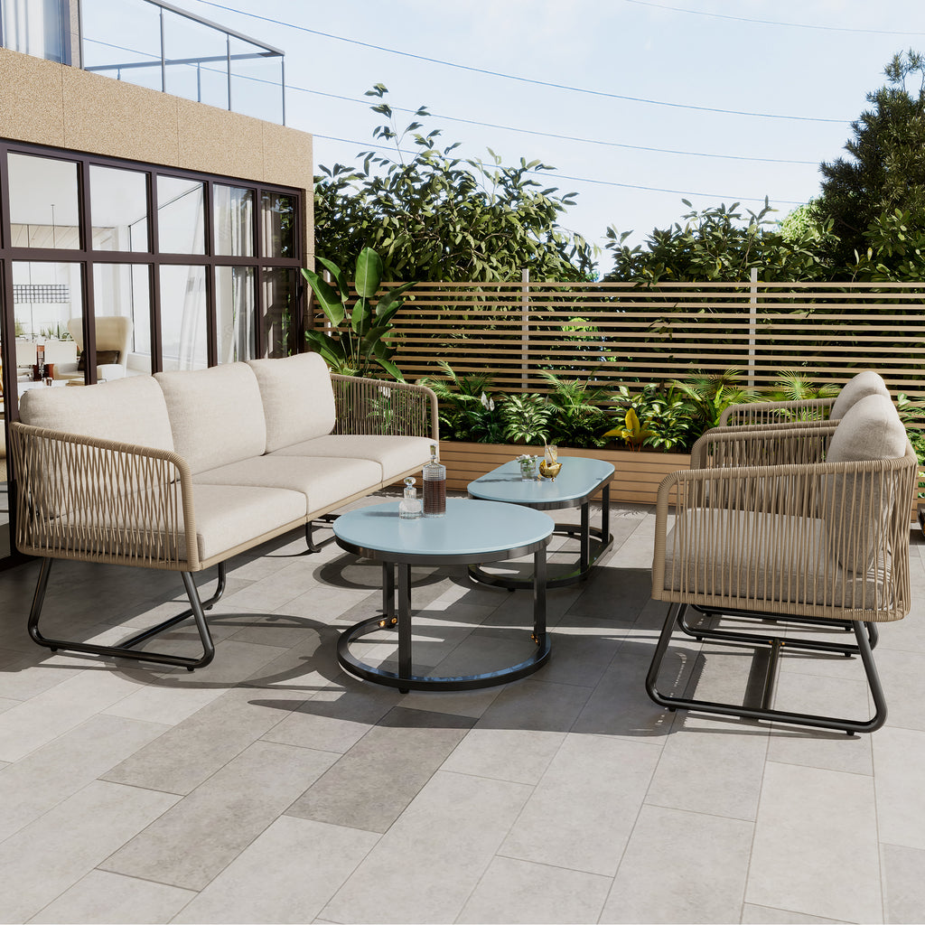Outdoor Patio&Backyard Furniture Garden Lounge Set, Thick Quality Space Saving Sofas with Glass Coffee Table, Beige