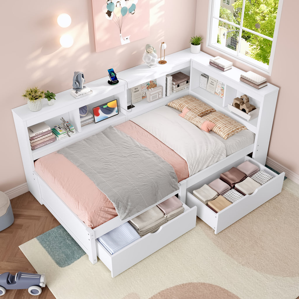 3ft Single L-Shape Daybed with Two Storage Drawers and Bookcase Storage, Modern Bed Frame with Charging Station, Wood Bed for Living Room/ Bedroom/ Study Room, 90X190cm, White (No Mattress)