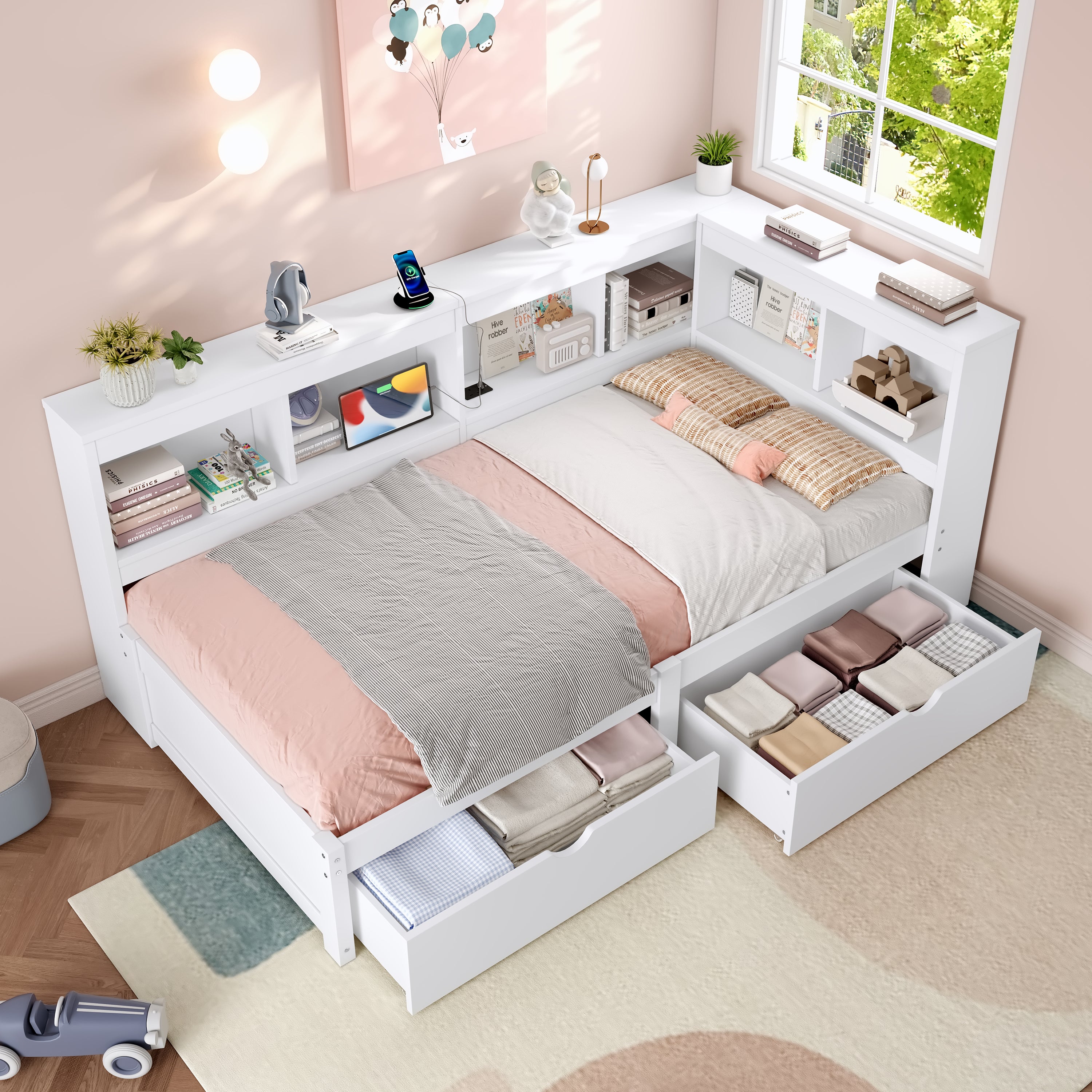 3ft Single L-Shape Daybed with Two Storage Drawers and Bookcase Storage, Modern Bed Frame with Charging Station, Wood Bed for Living Room/ Bedroom/ Study Room, 90X190cm, White (No Mattress)