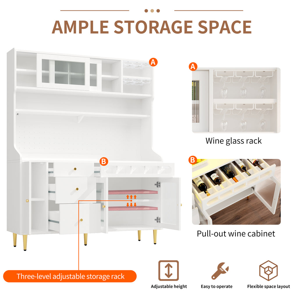 Highboard with Adjustable Shelves & LED Lights, Freestanding Storage Unit for Living Room Kitchen Dining, Tall cabinet with wine rack, Dimensions 145x39x171cm, White