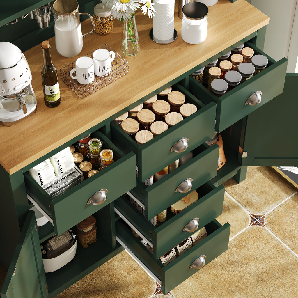 Sideboard / Storage Cabinet / Kitchen Cabinet / Buffet Cabinet, 104x40x180cm, Farmhouse Style, 5 Doors, with LED Light Strip & Drink Holders, Green/White