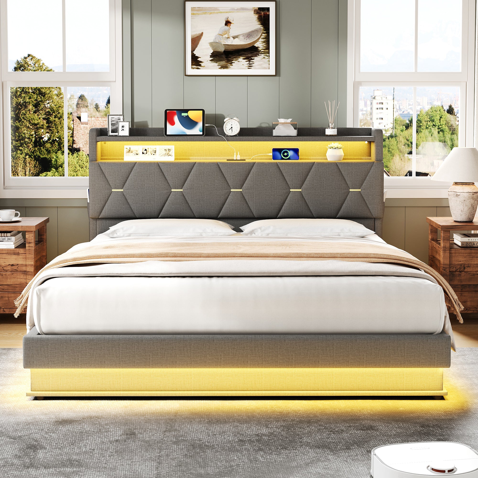 5ft King Upholstered Bed Frame with Hydraulic Storage,  LED Headboard with Charging Station and Concealed Headboard Storage, USB and Type - C Ports, Linen, No Box Spring Needed, Grey (No Mattress)