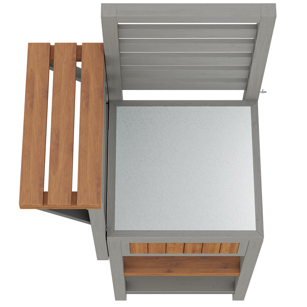 Outdoor wooden garden cabinet, weatherproof – tool shed with large stainless steel work surface and double shelf, grill station with additional storage space, weatherproof kitchen cabinet